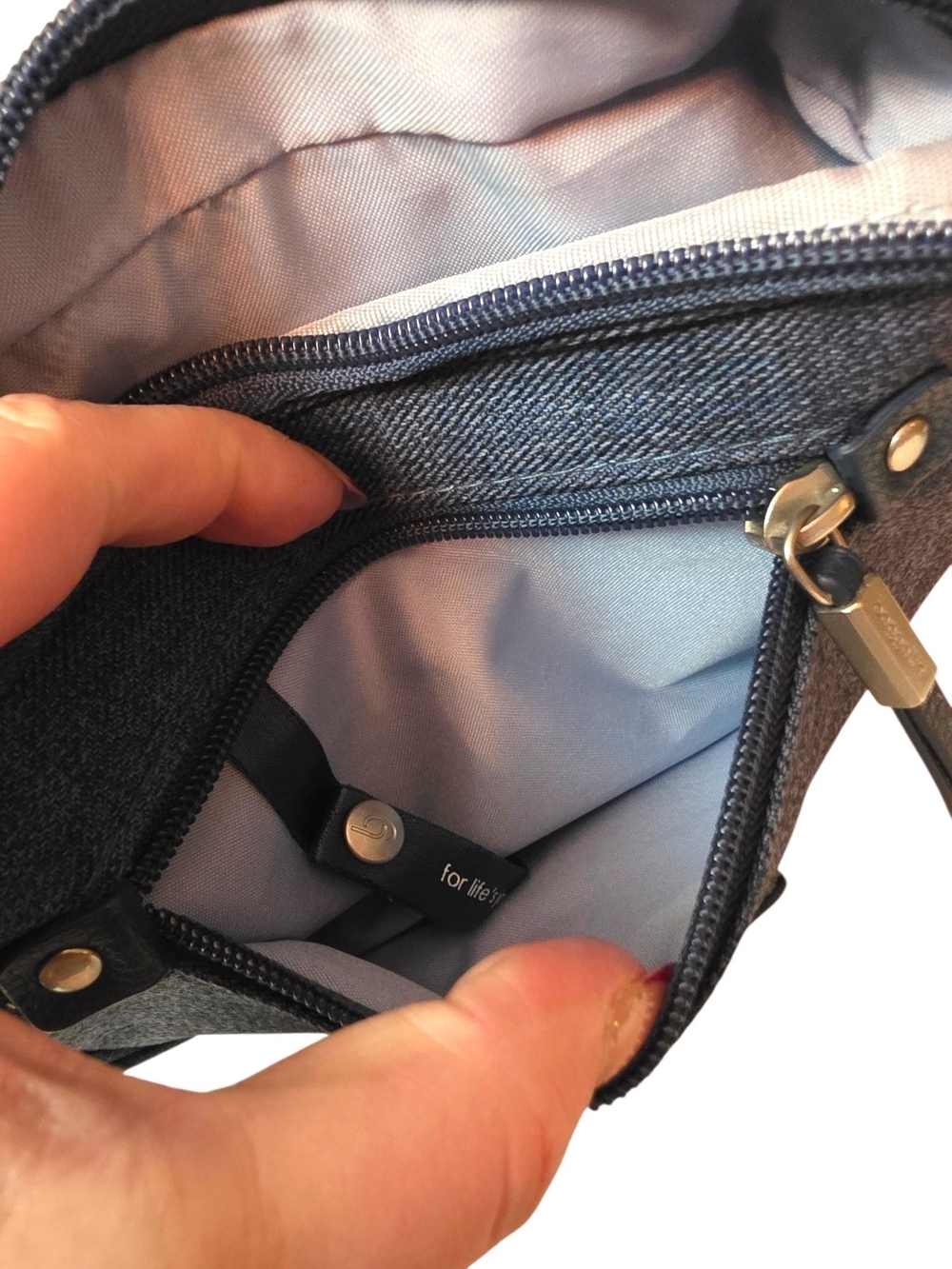 Baggallini Navy Blue Denim Crossbody Bag - Compact Everyday Carry - Picture 8 of 15